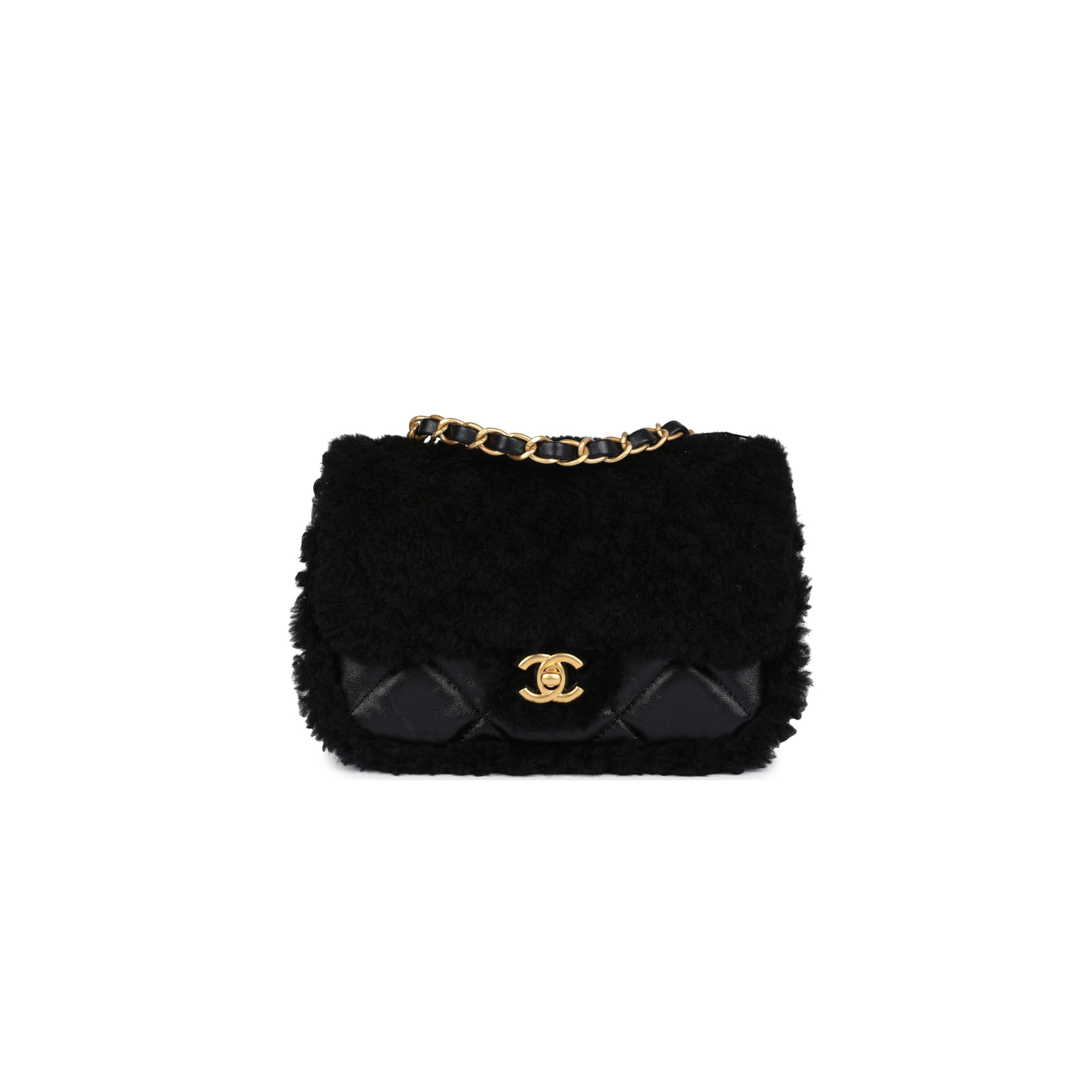 CHANEL MINI SHEARLING FLAP BAG BLACK LAMBSKIN BRUSHED GOLD HARDWARE AS5148 (18*12*6cm)